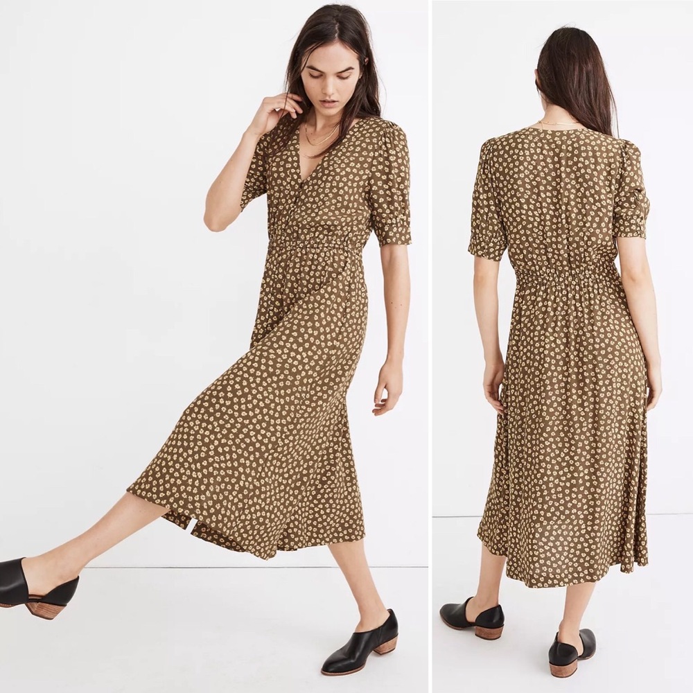 Madewell Button-Cuff Midi Dress in Woodcut Flowers Size 14 - Picture 3 of 11